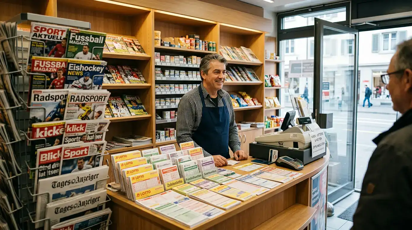 Swisslos Sporttip Verkaufsstelle an einem Schweizer Kiosk mit Wettscheinen